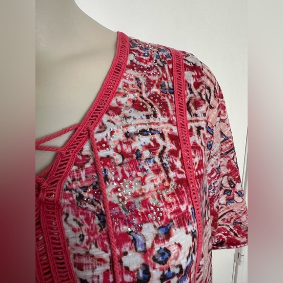 Catherine’s Pink Paisley v neck paisley shirt with tassels tie Size 18/20 #1578 - Picture 6 of 8